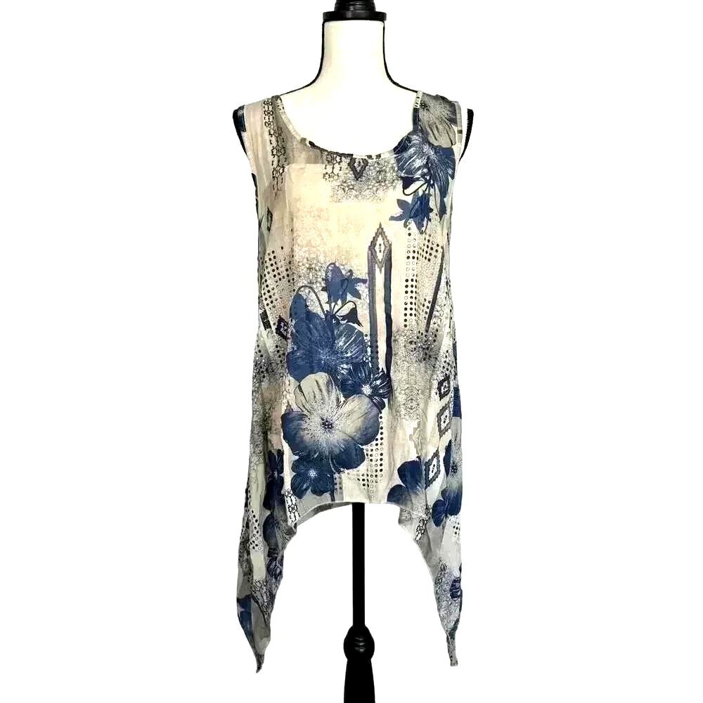 Lagenlook Bella Amore Italy Tunic Top Blue Beige Floral Hankie Hem Layering Sz S
